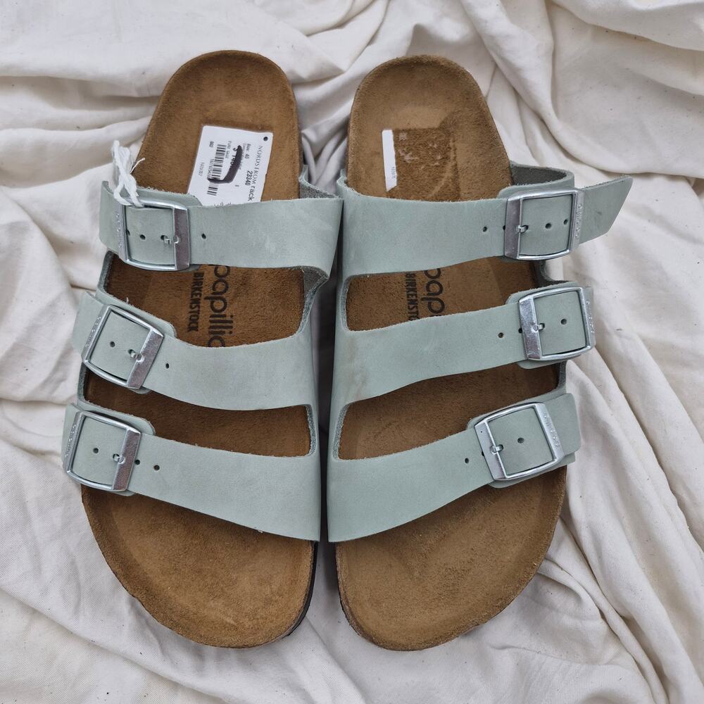 NEW Birkenstock Florida Fresh slip on green Leather Triple Strap Sandal 40 US 9